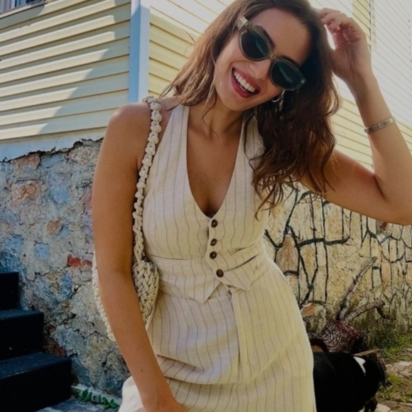 Zara Pants - Zara Women’s Striped Linen Halter Neckline Button Up Vest Design Jumpsuit